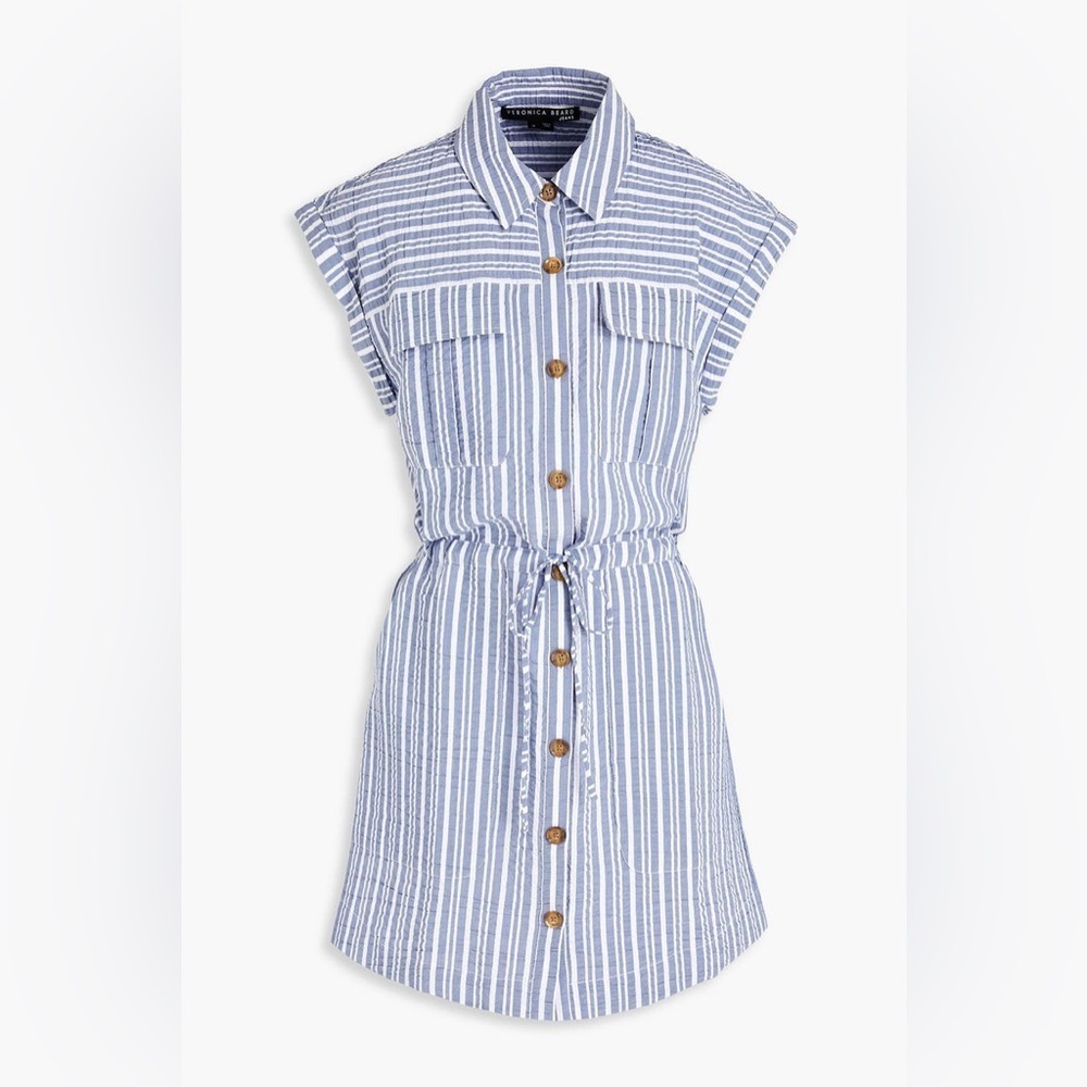Veronica Beard Cris Striped Cotton-Blend Seersucker Mini Shirt Dress Ptp 20”